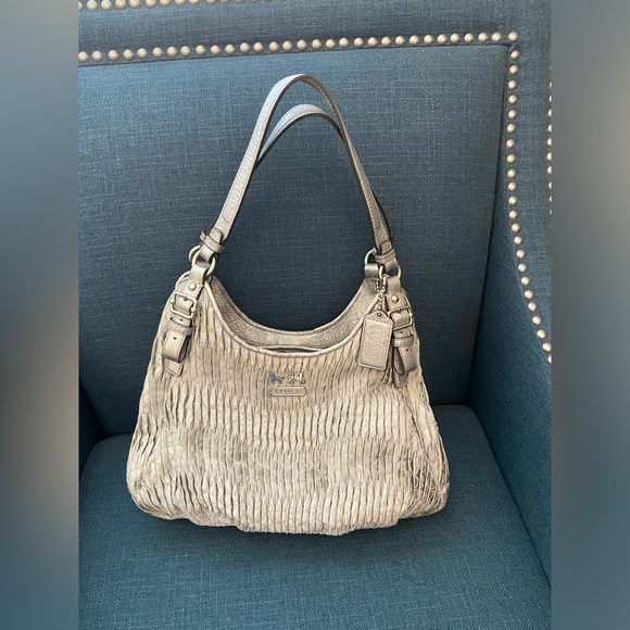 Coach Madison Gathered Sateen Signature Coach Logo Gray & Mettalic Silver Bag - Picture 3 of 16